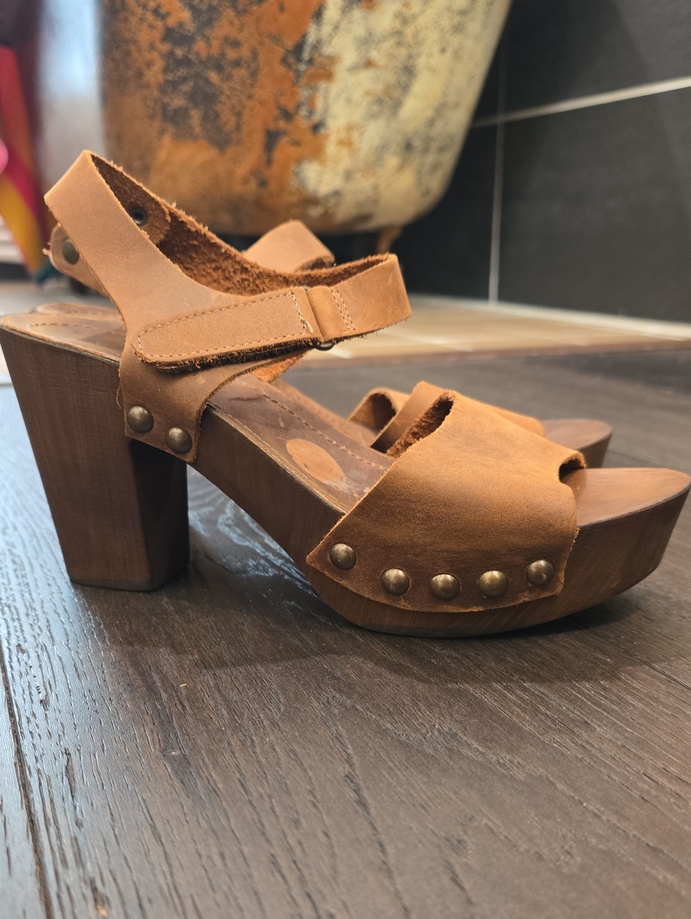 A. Giannette Wooden And Leather Clog Sandal